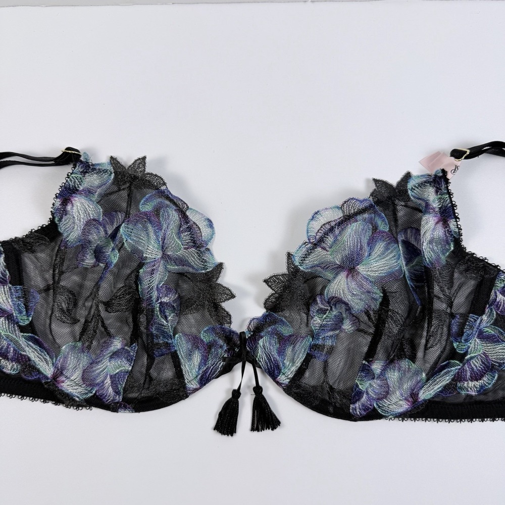 Victoria's Secret Very Sexy Electric Orchid Embroidery Unlined Black Bra 34C NWT